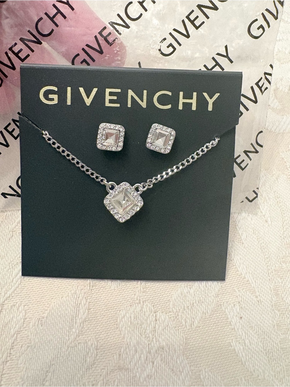 Givenchy Silver-Tone Crystal Square Pendant Necklace & Stud Earrings Set - NWT